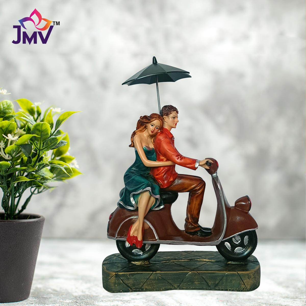 GIFT AND GIGGLES SCOOTER COUPLE WITH UMBRELLA Decorative Showpiece - 30 cm  (Marble, Multicolor)